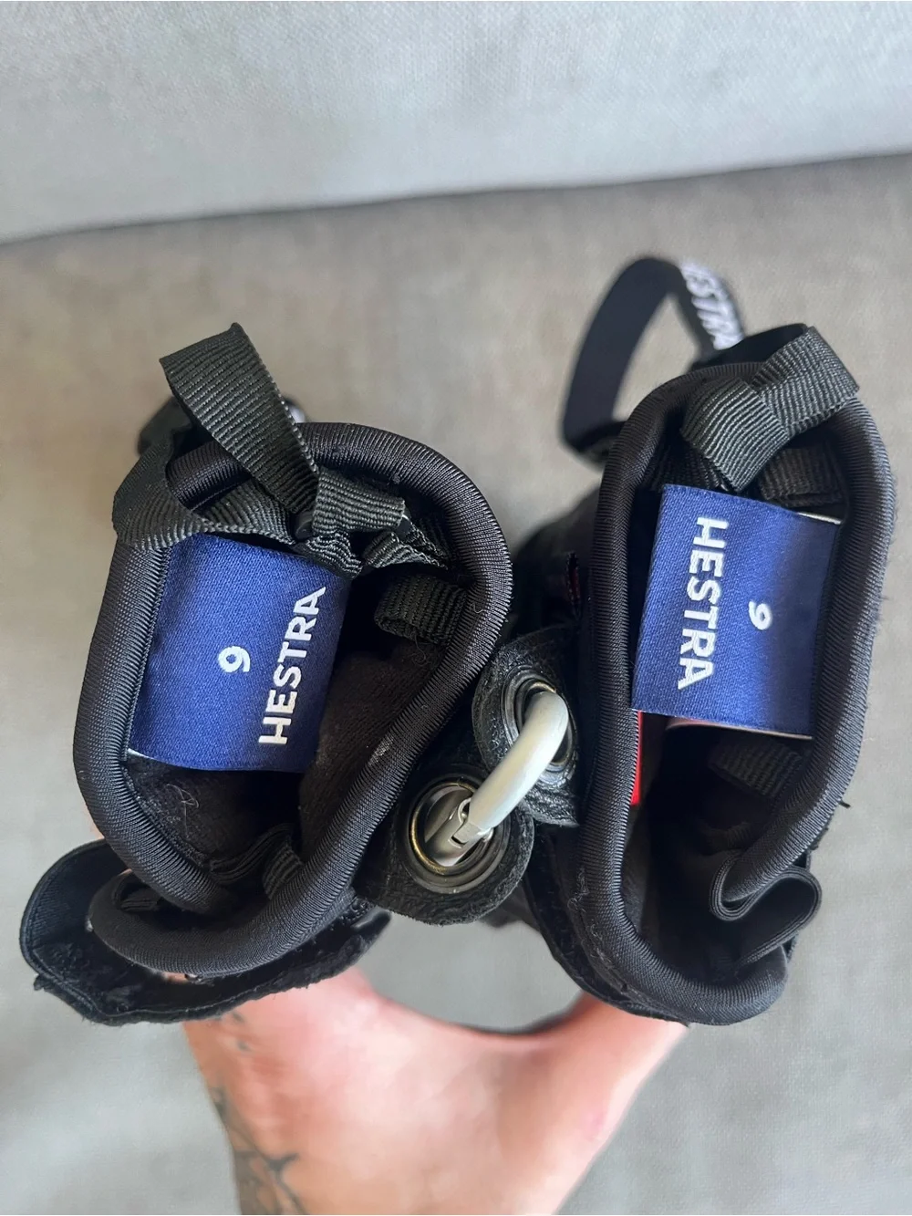 Hestra Black Leather Three-Finger Ski Mitts with Wrist Strap